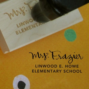 Personalized Teacher Stamp - Teacher and School Name - rubber stamp with wood handle - 1&quot; x 2&quot;