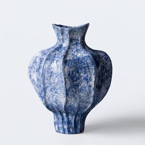 Op de afbeelding: Een keramische vaas met een bolvormig, geribbeld lichaam en een uitlopende rand. Het oppervlak heeft een gespikkeld blauw en wit patroon, wat zorgt voor een textuur over de gehele buitenkant van het object, van de smalle voet tot de bovenkant.