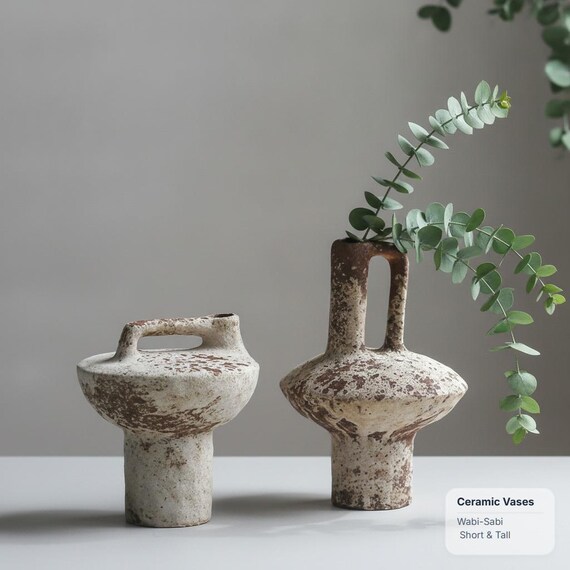 Rustic Wabi Sabi Ceramic Vase Brutalist Clay Sculpture Pedestal Flower Vessel Handmade Pottery