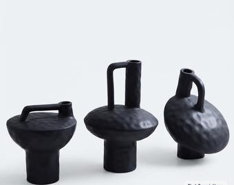 Black Ceramic Sculptural Vase Minimalist Textured Clay Jug Wabi Sabi Modern Home Decor
