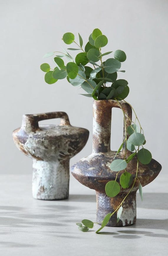 Rustic Wabi Sabi Ceramic Vase Brutalist Clay Sculpture Pedestal Flower Vessel Pottery