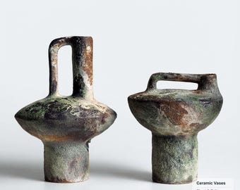 Rustic Wabi Sabi Ceramic Vase Set Sculptural Pottery Minimalist Earthy Clay Jugs