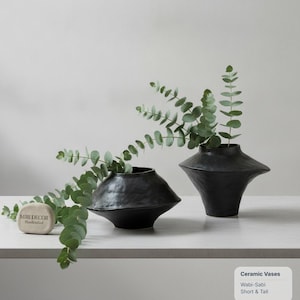 Può includere: Due vasi in ceramica nera con una sezione centrale ampia e angolare e un collo stretto. Un rametto di foglie di eucalipto verdi si estende dai vasi. Una piccola pietra chiara con il testo MIRI DECOR Handcrafted è posizionata vicino.