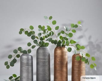 Ribbed Metallic Ceramic Vase Set Industrial Gold Silver Cylinder Minimalist Decor