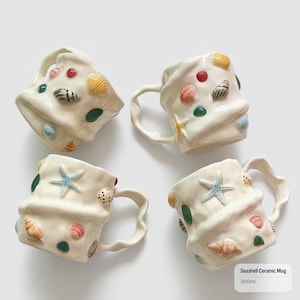 Ocean Seashell Ceramic Mug Handmade Beach Coffee Cup Coastal Wavy Handle Pottery 300ml