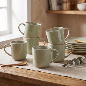 May include: A set of five light sage green ceramic mugs with a speckled finish and a smooth, rounded handle. The mugs are arranged in a cluster, with some stacked, alongside a small wooden spoon and a stack of matching plates on a linen runner.