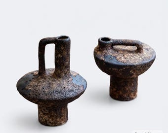 Rustic Ceramic Vases Set, Wabi Sabi Textured Clay Vessel, Ancient Style Studio Pottery