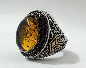Anillo de ámbar para hombre en plata de ley 925: joyería artesanal de estilo otomano.