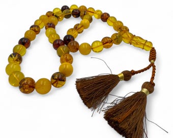 Cuentas de oración de ámbar báltico fosilizado: Tasbih con borla de plata esterlina