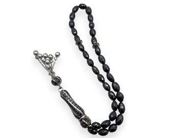 Cuentas de oración facetadas con forma de diamante negro: Tasbeeh Misbaha artesanal - 20 cm