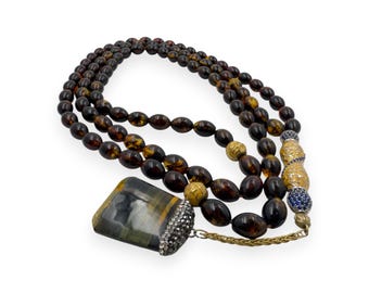 Diseño especial: Misbaha de ámbar natural de 99 cuentas / Cuentas de oración islámicas artesanales con borla, ámbar báltico, cuentas fósiles, tasbih único