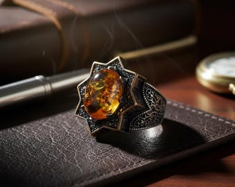 Anillo de plata para hombre, anillo otomano amarillo de plata de ley 925k, piedra preciosa ámbar, joyería otomana