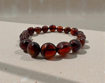 Pulsera de ámbar auténtico hecha a mano: cuentas de piedra natural, antiestrés