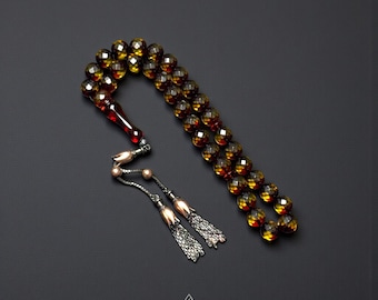Tasbih de ámbar con borla de plata de ley 925, cuentas de oración islámicas hechas a mano con corte de diamante, rosario Misbaha, cuentas de resina fósil natural para la preocupación