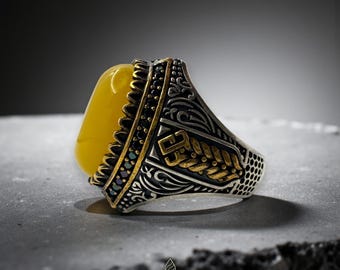Anillo de ámbar para hombre / Ámbar natural en forma de gota / Plata de ley 925 / Joyería hecha a mano para hombre / Regalo otomano vintage