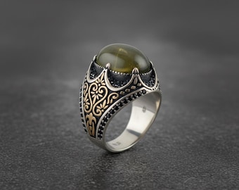 Anillo de ámbar para hombre en plata de ley 925: joyería artesanal de estilo otomano.