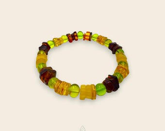 Pulsera única de ámbar báltico de 7 mm - Antiestrés - Cuentas redondas y cuadradas en colores verde, amarillo y coñac