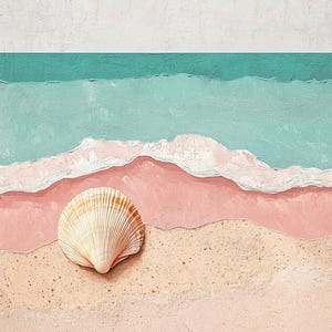 Impresión digital de conchas pastel, póster "Tranquilidad junto al mar", decoración náutica para habitación infantil, arte mural costero, descarga con temática oceánica, impresión de playa tranquila