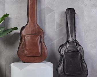 Handgemaakte volnerf lederen koffer voor akoestische gitaar, zwart whiskybruin, reistas