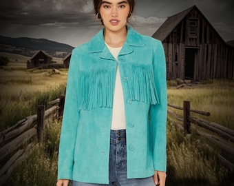 Damen Türkiser Wildleder Fringe Blazer, Exklusive 70er Western Wear Wildleder Fransenjacke, Wildleder Quaste Jacke, Cowgirl Outfit, Boho Outfit