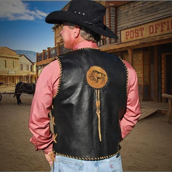 Old West Cowhide Leather Vest With Buffalo Patch, Wester Cowboy