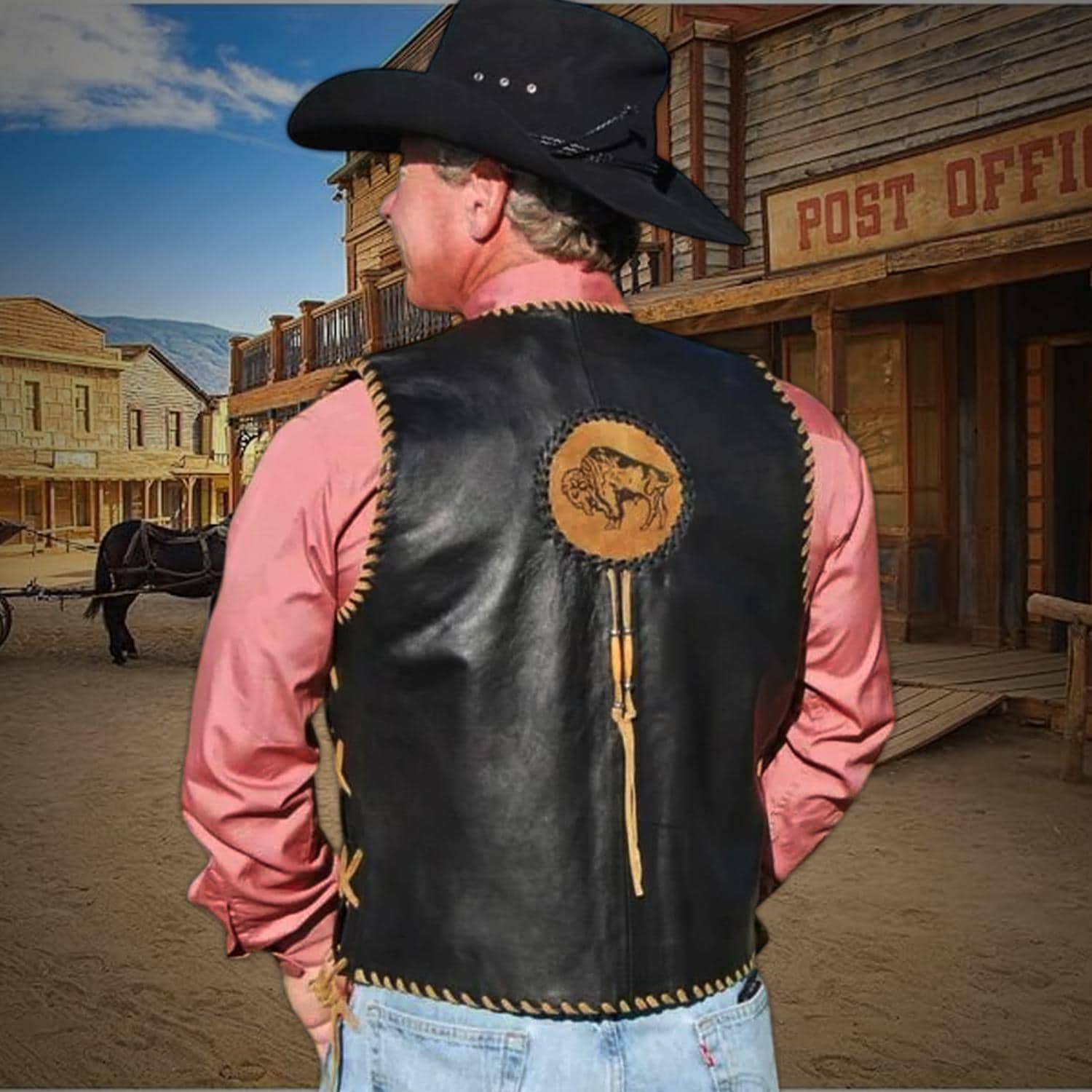 Old West Cowhide Leather Vest With Buffalo Patch, Wester Cowboy