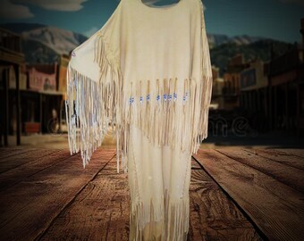 Echtes Indianer Leder Fransen Kleid mit Perlen, Traditionelles Powwow Kleid, Indianer Kleid, Cherokee Indianer Kleid