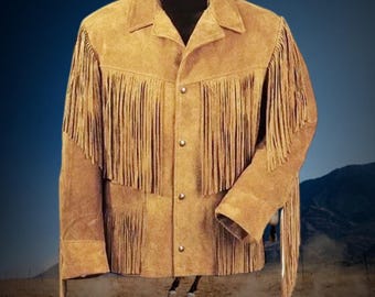Exclusief jasje in westernstijl, handgemaakte jaren 80 suède jas met franjes, Indiaanse leren jas met franje, cowboyoutfit, outfit oude westen