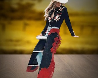 Western Wear Cowgirl Suede Fringe Chaps, Leather Tassel Chaps, Women's Horse Riding Chaps, Women's Chaps for Riding, Rodeo Outfit Women