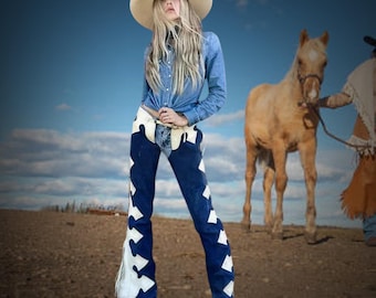 Westernkleding cowgirl suède chaps met franjes, leren chaps met kwastjes, chaps voor dames paardrijden, chaps voor dames voor paardrijden, rodeo-outfit vrouwen