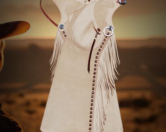 Western Wear Handmade Buck-stitched Arizona Bell Leggings with Fringe, Suede Leather Rough Out Arizona Bell Step-In Chaps, Horse Riding Gear