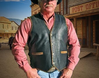 Old West Cowhide Leather Vest with Buffalo Patch, Wester Cowboy Leather Vest, 70s Style Western Wear, Cowboy Outfit, Old West Outfit