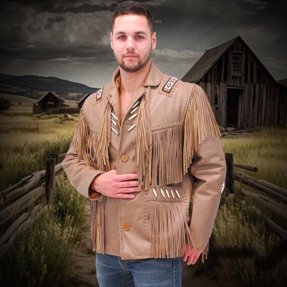 thumbnail image 2 of Sema Men's Western Cowboy Suede Fringe Jacket - Beaded Native American Style - Sizes XXS-5XL 2 of 3