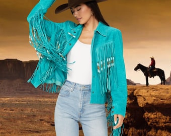 Knochen Haarpfeife Türkis Wildleder lange Fransenjacke, Western Wear Wildleder Fransenjacke, Frauen Wildleder Quaste Jacke, Cowgirl Outfit, Boho Outfit