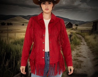 Chaqueta de gamuza con flecos hecha a mano, exclusiva chaqueta de gamuza con flecos, chaqueta de gamuza con borlas para mujer, atuendo de vaquera, atuendo bohemio