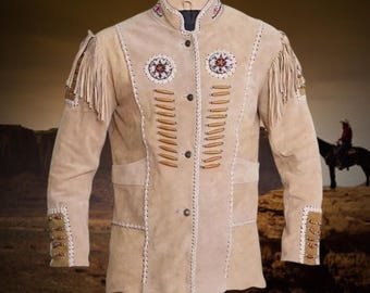 Native American leren jack met franjes, Indiase kralen, handgemaakte leren jack met kralen, cowboyoutfit, westernkleding, outfit oude westen