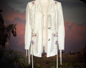 Indiaans rundleer jack met franje, traditioneel navajo-damesjack met Indiaas glaskralenwerk, cowgirl-outfit, westernkleding