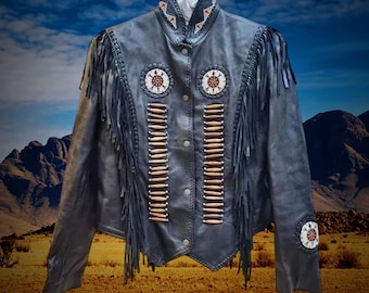 Indiaans rundleer jack met franje, exclusief Navajo Indiaas glaskralen jack in bikerstijl, cowgirl-outfit, westernkleding