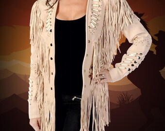 Westernwear leren damesjas met franjes en handbeslagen, Native American leren jas met franje, cowgirl-outfit, native outfit