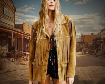 Handgefertigte Wildleder Fransen Jacke, exklusive 70er Western Wear Wildleder Fransenjacke, Damen Wildleder Quaste Jacke, Cowgirl Outfit, Boho Outfit