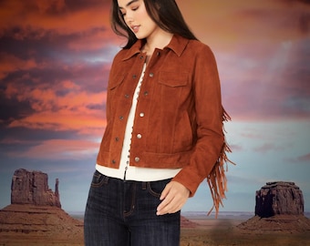 Chaqueta vaquera con flecos de ante hecha a mano, exclusiva chaqueta vaquera con flecos, chaqueta vaquera con borlas para mujer, atuendo bohemio.