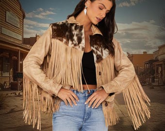 Western Wear Women's Cowhide Frontier Fringe Jacket, Handcrafted Cowgirl Leather Fringe Jacket, Tassel Jacket, Cowgirl Outfit, Boho Outfit