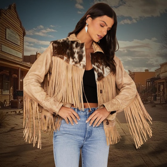 Western Wear Women's Cowhide Frontier Fringe Jacket, Handcrafted