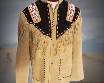 Handgemaakt leren jack met kralen, Indiaans leren jack met franje en Indiase kralen, cowboyoutfit, westernkleding, Old West-outfit