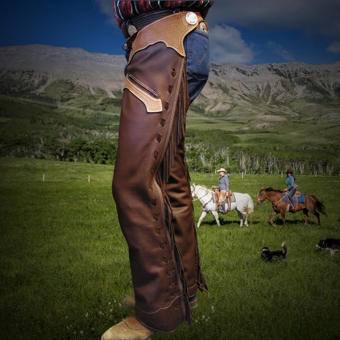 Western Cowboy Men's Top Grain Leather Fringe Shotgun Chaps With ...