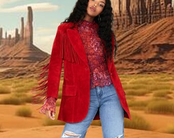 Handgefertigter Watermelon Wildleder Fransen Blazer, Exklusive 70er Western Wear Wildleder Fransenjacke, Wildleder Quaste Jacke, Cowgirl Outfit, Boho Outfit
