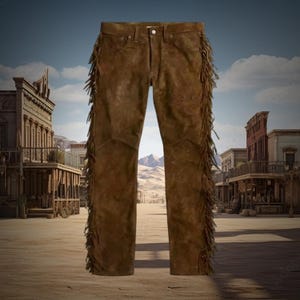 Men&#39;s Brown 100% Genuine Suede Leather Fringe Pants, Western Style Real Suede Leather Cowboy Pants, Tassel Pants, Suede Leather Pants