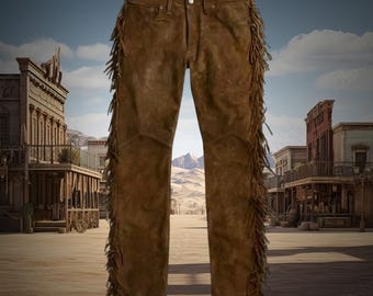 Men's Brown 100% Genuine Suede Leather Fringe Pants, Western Style Real Suede Leather Cowboy Pants, Tassel Pants, Suede Leather Pants