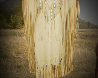 Indiaanse stijl Indiaanse tan leren jurk met lange franje, traditionele powwow-jurk, Indiaanse jurk, Cherokee-Indiase jurk