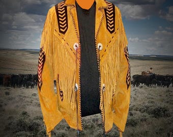 Handgemaakt leren jack met kralen, Indiaans leren jack met franje en Indiase kralen, cowboyoutfit, westernkleding, Old West-outfit